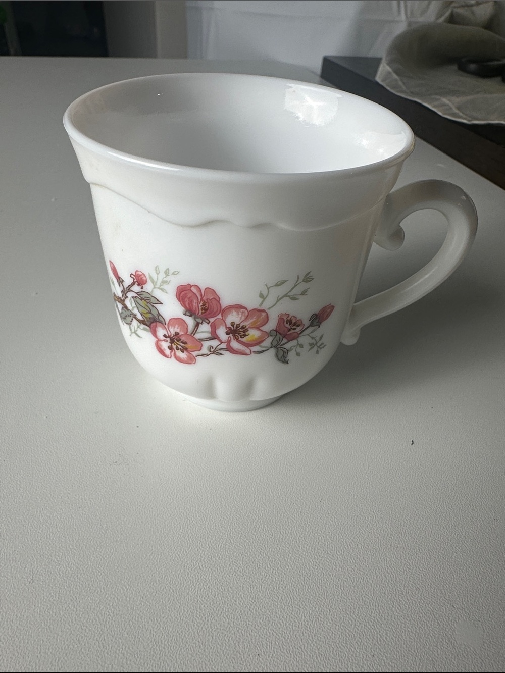 Milk Glass Vintage Coffee Mug- Arcopal France Cherry Blossoms Floral Pattern